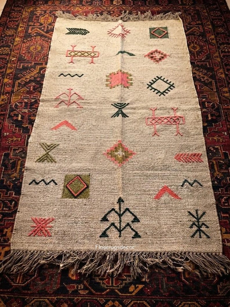 Vintage Geometric Kilim Rug, Handwoven Wool Jute Area Rug, Multicolor Indian Flatweave Dhurrie Wall Home Decor 3x5 Ft Rug, Hallway Boho Rug image 2