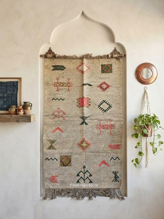 Vintage Geometric Kilim Rug, Handwoven Wool Jute Area Rug, Multicolor Indian Flatweave Dhurrie Wall Home Decor 3x5 Ft Rug, Hallway Boho Rug