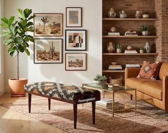 Kilim Bench - Handmade Wool Jute Bench Upholstered with Tribal Pattern Rug, Entryway Accent Furniture, Boho Kilim Bench, Modern Footstool