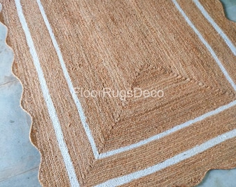 Handmade Scalloped Jute Rug | Natural Beige, Off White Edging