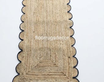 Handmade Braided Jute Rug – Scalloped Hemp Boho Area Rug, Natural Fiber Runner