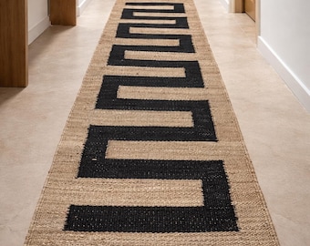 Natural Black Stripe Jute Runner - Handmade Hemp Runner-Outdoor Indoor Runners-Hallway Runner Rug-Black Line Sisal Runner-Long Jute Dhurrie