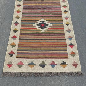 4x6 Wool and Jute Kilim Rug — Wool Rug with a White Border and Multicolored Striped Design — Rug Runner for Dining Tables, Kitchens Hallways