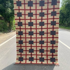 Handmade Wool Jute Kilim Rug From India Tufted with High Pile Abstract Pattern for Nursery Living Room Bedroom