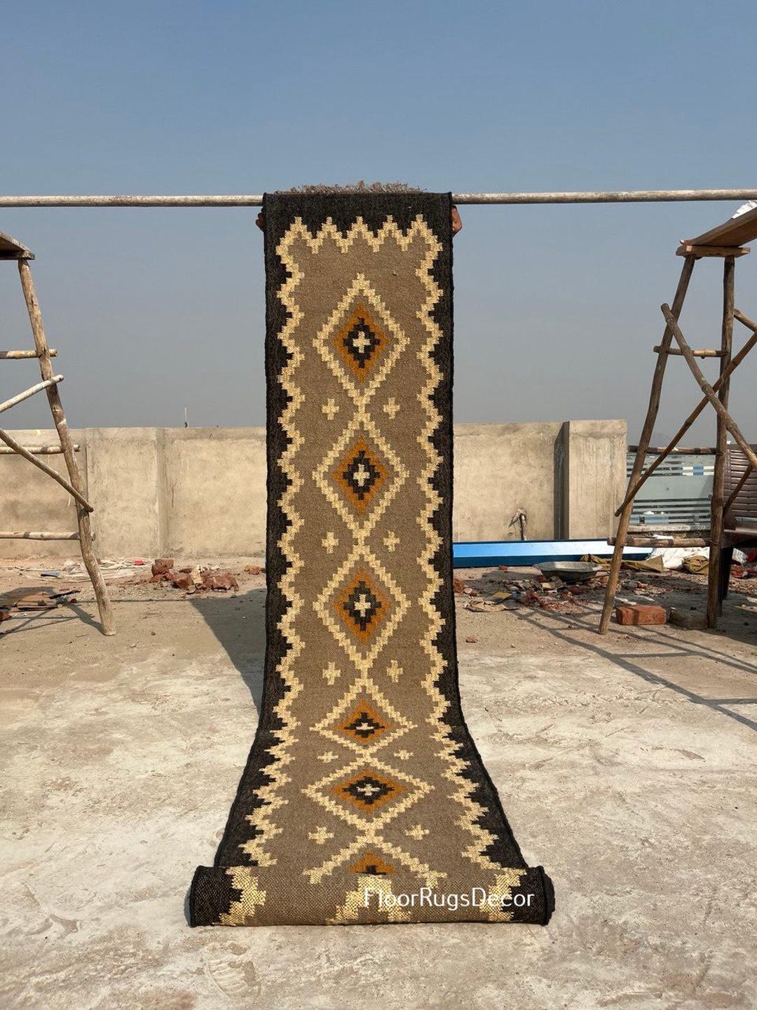 Kilim Rugs Border Handmade Black Border Attractive Wool & Jute Kilim Runner Rug ...