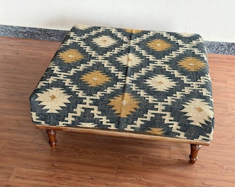 Mesa de madeira artesanal, pufe de juta e lã, mesa de centro, mesa de sala de estar, banco para mesa de chá, banco estofado, mesa de jantar, 91 x 91 cm