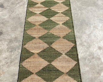 2x10 ft Diamond Stairs Green Jute Runner Rug, Custom Size Large Floor Area Hallway Runner Rug, Boho Home Decor Rug Indian Traditional Rug