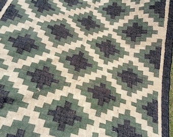 Handwoven Kilim Rug | Green & Black Geometric Wool Area Rug | Tribal Boho Carpet | Vintage Style Flatweave Rug | Living Room Home Decor Rug