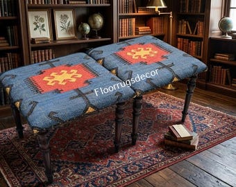 Taburete Kilim Vintage - Banco otomano de lana tejido a mano - Decoración bohemia para sala de estar - Taburete único hecho a mano de estilo geométrico, COMPRA UNO Y LLÉVATE OTRO GRATIS