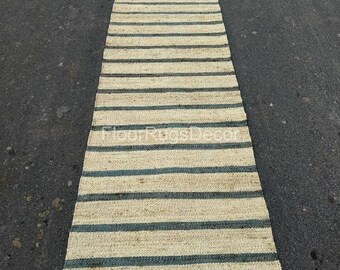 2x10 Ft Stairs Beige/Blue Jute Runner Rug | Custom Size Large Floor Area Hallway Runner Rug | Boho Home Decor Rug | Indian Traditional Rug