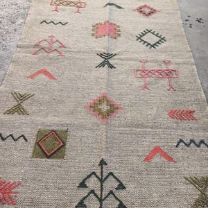 Vintage Geometric Kilim Rug, Handwoven Wool Jute Area Rug, Multicolor Indian Flatweave Dhurrie Wall Home Decor 3x5 Ft Rug, Hallway Boho Rug image 4