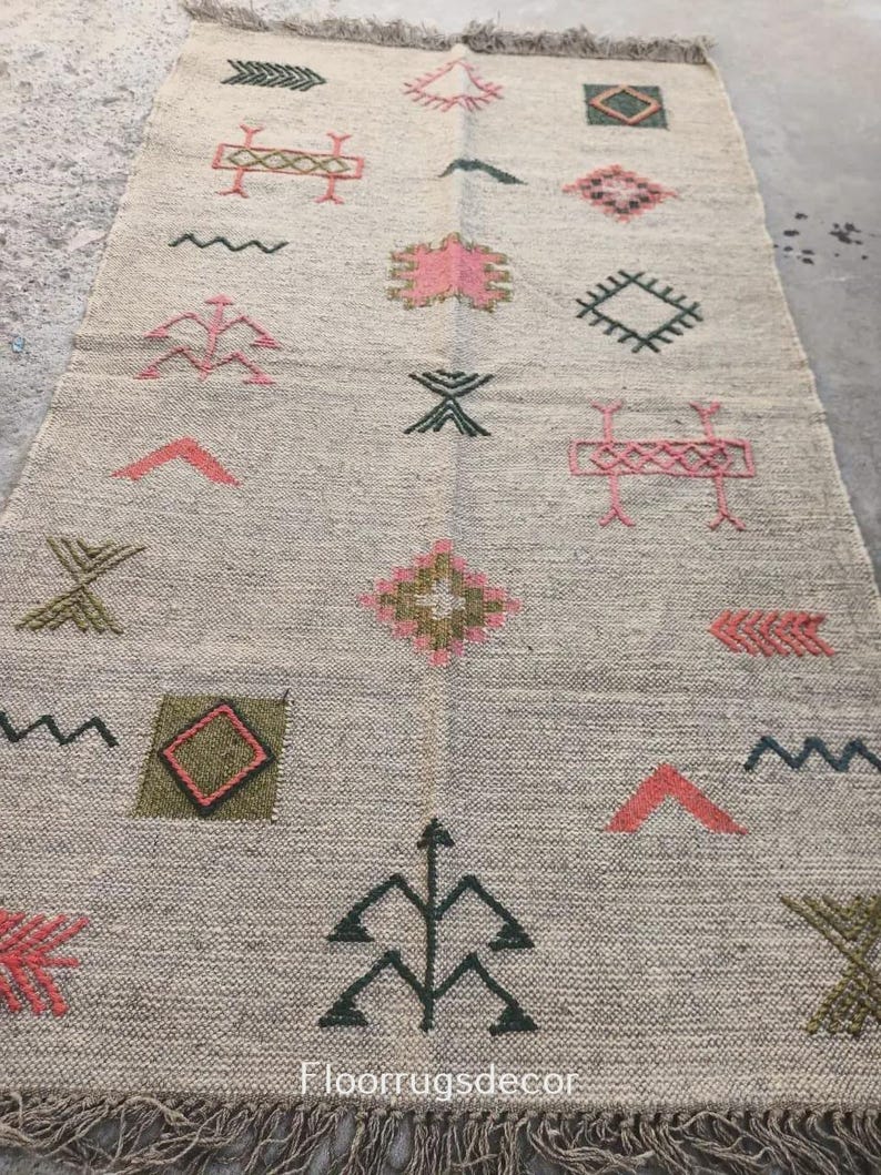Vintage Geometric Kilim Rug, Handwoven Wool Jute Area Rug, Multicolor Indian Flatweave Dhurrie Wall Home Decor 3x5 Ft Rug, Hallway Boho Rug image 4