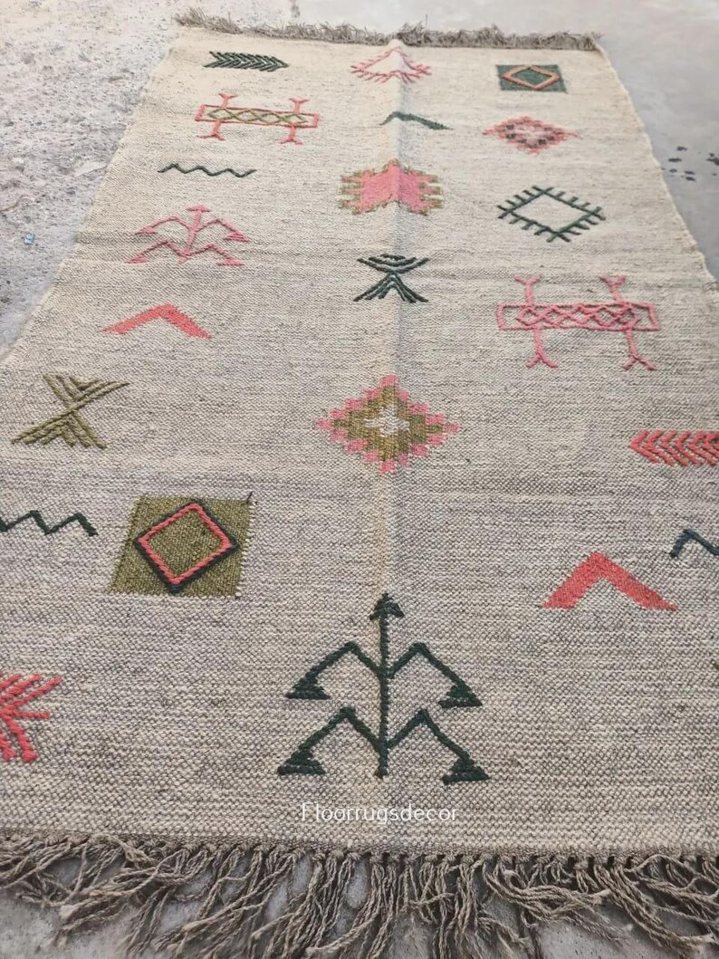 Vintage Geometric Kilim Rug, Handwoven Wool Jute Area Rug, Multicolor Indian Flatweave Dhurrie Wall Home Decor 3x5 Ft Rug, Hallway Boho Rug image 6
