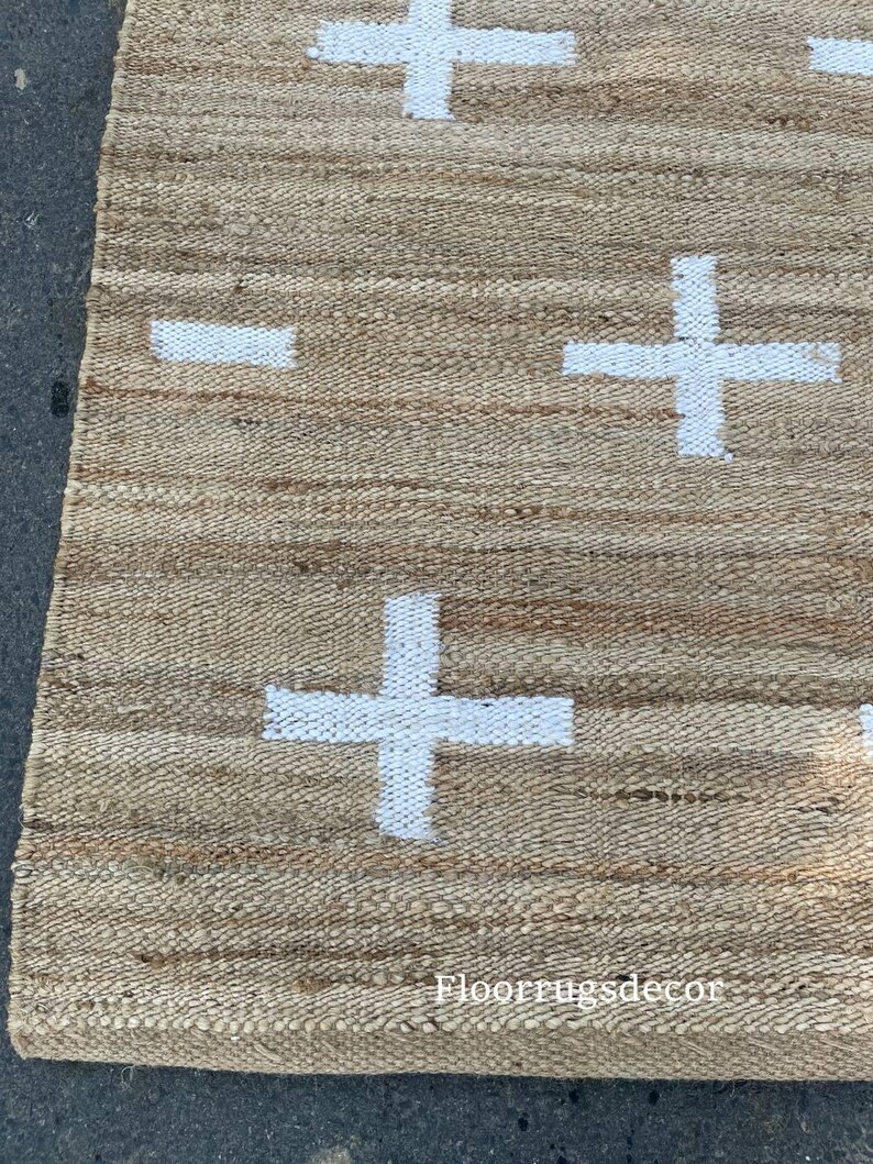 Natural Jute Rug, Handwoven Beige White Plus Pattern, Boho Geometric ...