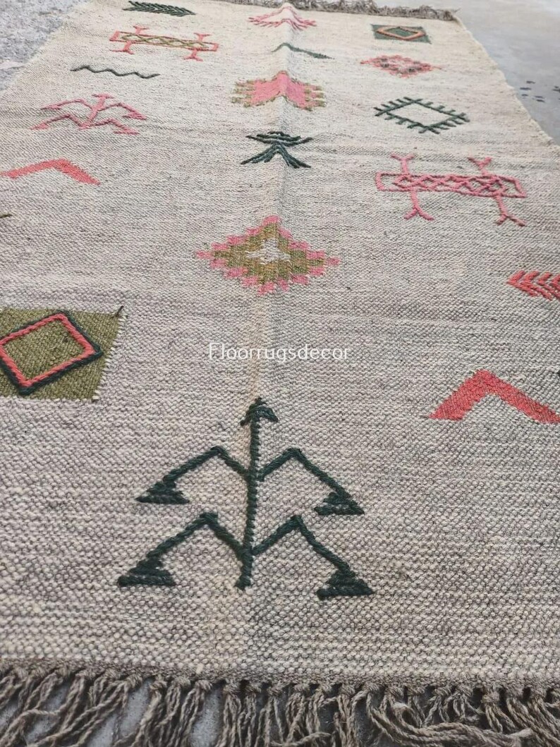 Vintage Geometric Kilim Rug, Handwoven Wool Jute Area Rug, Multicolor Indian Flatweave Dhurrie Wall Home Decor 3x5 Ft Rug, Hallway Boho Rug image 3