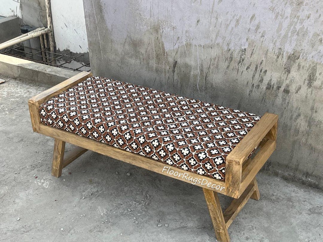 Boho Wooden Handmade Bench With Printed Cotton Benches, Rustic Entryway ...