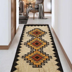 Handgewebter Kelim Läufer aus Wolle | Dekorativer Kelim Läufer | Schlafzimmer | Motive Oriental Indian Traditionell umweltfreundlich | Benutzerdefinierte Teppich