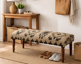Banco Kilim Beige Natural • Muebles Tapizados de Lana Hechos a Mano • Asiento Decorativo para Entrada • Otomana de Yute Vintage • Taburete Decorativo para Sala de Estar