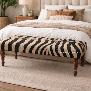 Zebra Kilim Bench | Handmade Wool Jute Upholstery, Acacia Wood Base, Boho Accent Stool
