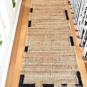 Handmade Jute Runner Rug-Herbal Dye-Vintage Stair Decor-Black Dote Border Sisal Runner - Solid Hemp Runner Rugs-Geometric Beige Area Dhurrie