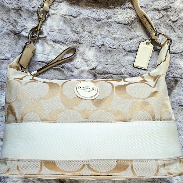 Coach Y2K Sig C Hobo Bag F17434 | Khaki/Brown Canvas & Ivory Patent Leather | Silver Hardware