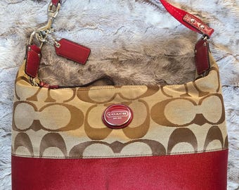 Bolso Coach Y2K Sig C Hobo F17434 / Lona caqui/marrón y piel charol roja / Herrajes plateados