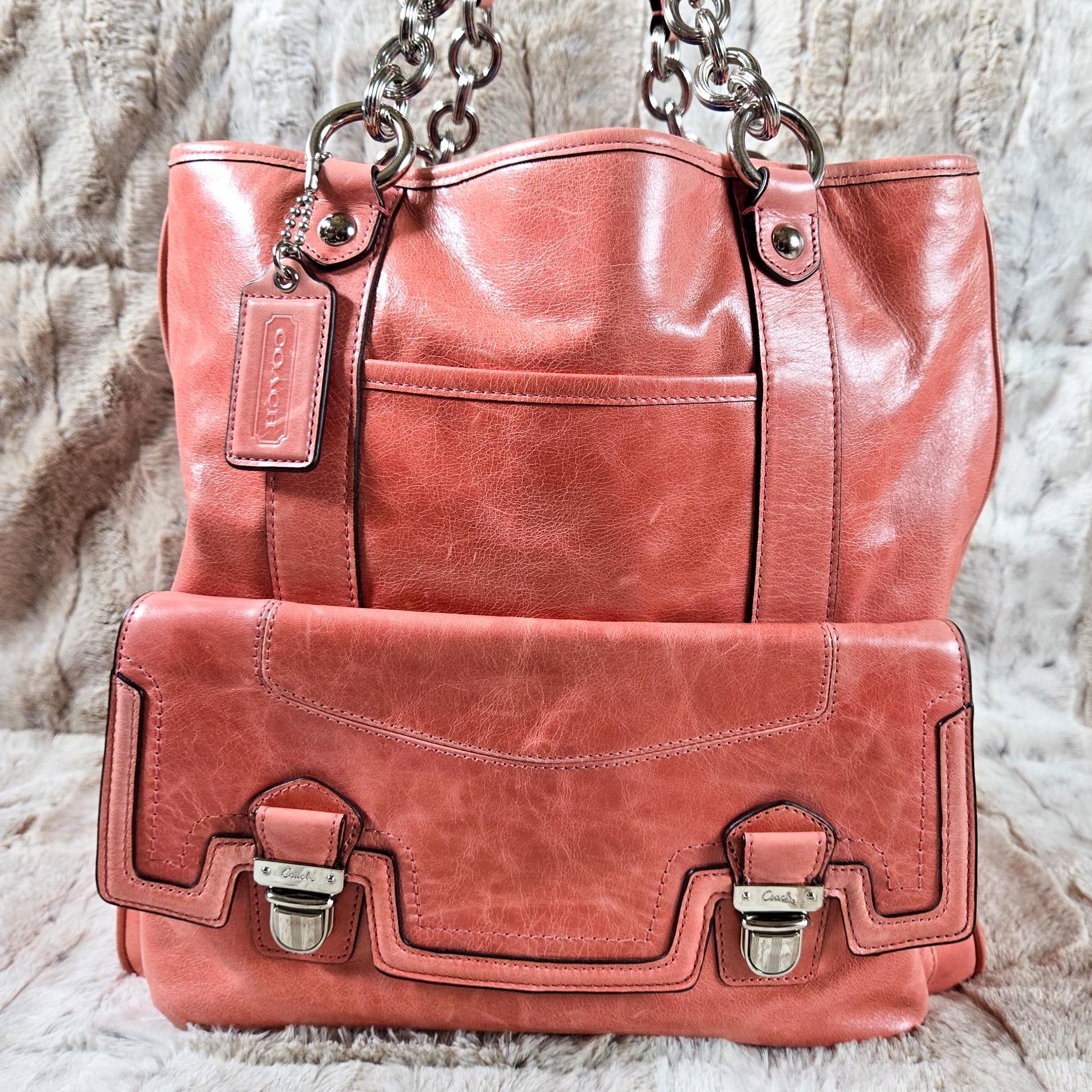 Y2K Coach Poppy Pushlock Shopper Tote 17924 | Coral Pink Leather