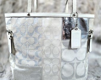 Coach Poppy Madras Plaid Pattern Canvas & Leather Sequined Tote