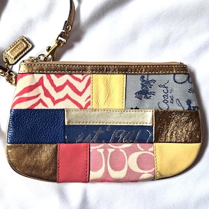 Bolso de mano vintage Coach con diseño patchwork/multicolor y ribete de cuero dorado n.° F45653
