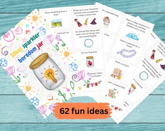May include: A set of illustrated cards with fun activity suggestions, such as drawing, painting, and making bubbles. The cards feature colourful drawings and the text "Ideas sparkler boredom jar" and "62 fun ideas".