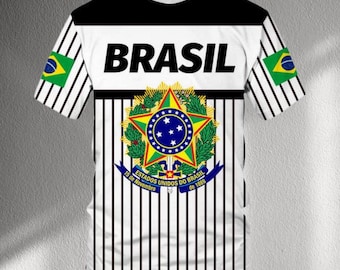Camiseta listrada com o brasão do Brasil, camiseta com listras finas da bandeira brasileira, camiseta estilo camisa de futebol patriótica brasileira, camiseta unissex estilosa para presente.