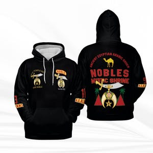 May include: Black hooded sweatshirt with white drawstrings and a white interior. The front features text and emblems, including "YOUR TEMPLE #8" and "NOBLE". The back displays "ANCIENT EGYPTIAN ARABIC ORDER" and "NOBLES MYSTIC SHRINE".