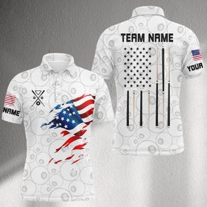 May include: White polo shirt featuring a distressed American flag design. The shirt has a pattern of eight balls and pool cues. The text "TEAM NAME" is on the back, and "NAME" is on the sleeve.