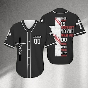 Christian Baseball Jersey with Cross and Jesus Script, Custom Name and Number, Faith Athlete Shirt, Black Button Up Unisex Game Day Gift
