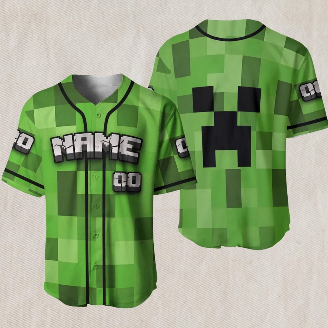 Pixel Creeper Baseball Jersey – Green Block Pattern, Custom Name