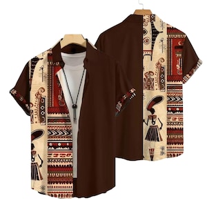 May include: Short-sleeved button-down shirt with a brown front and patterned back and sleeves. The pattern features beige, red, and brown geometric and figurative designs. A white undershirt and necklace are visible beneath the open shirt.