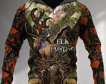 Elchjagd Hoodie für Männer Frauen, Stier Elch Geweih Camo 3D All Over Print Zip Up Sweatshirt, rustikale Wildjägerjacke, Outdoor Geschenk