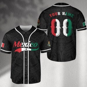 May include: Black baseball jersey with white trim, featuring the word "Mexico" in red and green, and the Mexican flag colors. The back displays "YOUR NAME" above the number "00" in the colors of the Mexican flag. The jersey has a pattern.