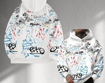 White Graffiti Hoodie Streetwear, Colorful Urban Art Pullover, Unisex Hip Hop Oversized Hooded Sweatshirt, Casual Skater Top for Men Women