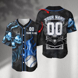 Custom Blue Flame Skull Baseball Jersey: Personalized Team Uniform