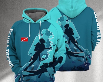 Sudadera con capucha estampada en 3D de buceo, con gráfico de buceador oceánico. Unisex, estilo pullover, ideal para hombres y mujeres amantes del snorkel. Regalo perfecto para amantes del mar profundo.