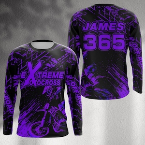 Custom Extreme Motocross Jersey – Purple Neon Off Road Rider Graphic, Long Sleeve Dirt Bike Racing Shirt, Personalized Name & Number MX Gift