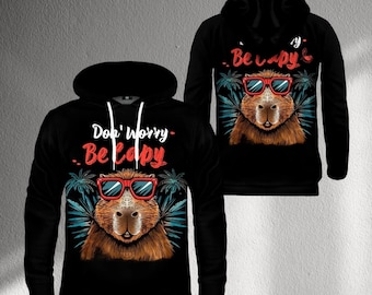 Keine Sorge, be Capy Hoodie, süßes Capybara-Sweatshirt mit Sonnenbrille, lustiger Tierpullover, ästhetischer schwarzer Unisex-Kapuzenpulli-Geschenkidee