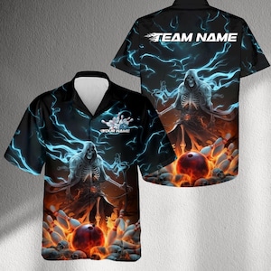 May include: Black bowling shirt with a striking design featuring a skeletal figure, bowling pins, and a bowling ball engulfed in flames. The shirt has the text "TEAM NAME" and "YOUR NAME".