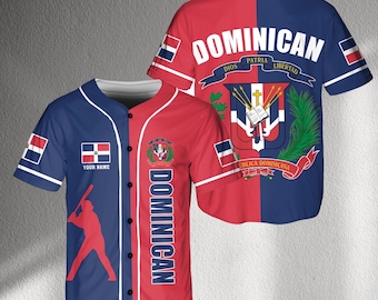 Personalized Dominican Republic Baseball Jersey Shirt, Red Blue Button Up, Dominican Flag & Coat of Arms, Custom Name Unisex Gift Idea