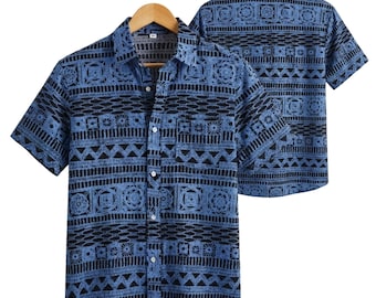 Men's Blue Tribal Hawaiian Shirt, Black Geometric Button Up Shirt, Boho Summer Beach Top, Vacation Camp Collar Shirt, Gift For Him