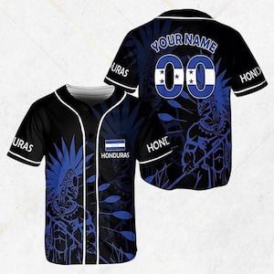 May include: Black and blue baseball jersey with white trim. Features a design with the Honduras flag and the word "HONDURAS". The back has the text "YOUR NAME" above the number "00" with the Honduras flag.