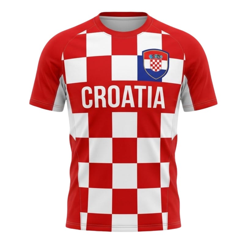 May include: A red and white checkered Croatia soccer jersey with the word "CROATIA" in large white letters across the front. The jersey features a Croatian coat of arms on the upper chest.