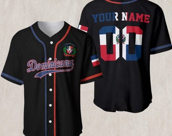 Dominican Republic Baseball Jersey Black • Dominicana Script Front • Custom Name and Number Back • Unisex Mesh Button Up Heritage Gift