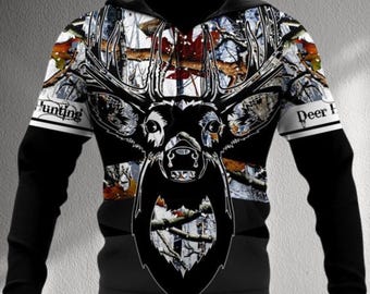 Deer Hunting Hoodie with Big Buck Graphic, Woodland Camo and Black Sleeves, Unisex Pullover Sweatshirt for Hunters, Outdoor Camp Gift